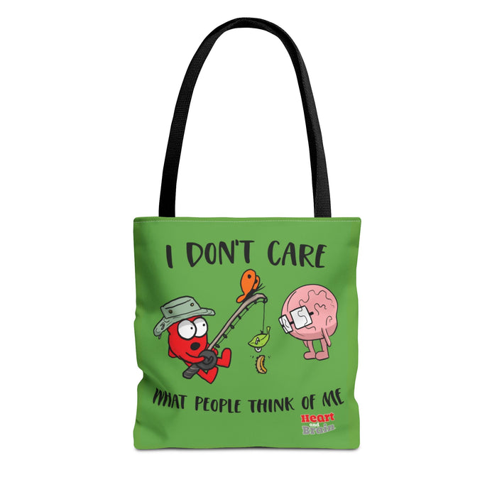 I Don’t Care What People Think Of Me Tote Bag — Funny Brain & Heart Cartoon AOP Tote