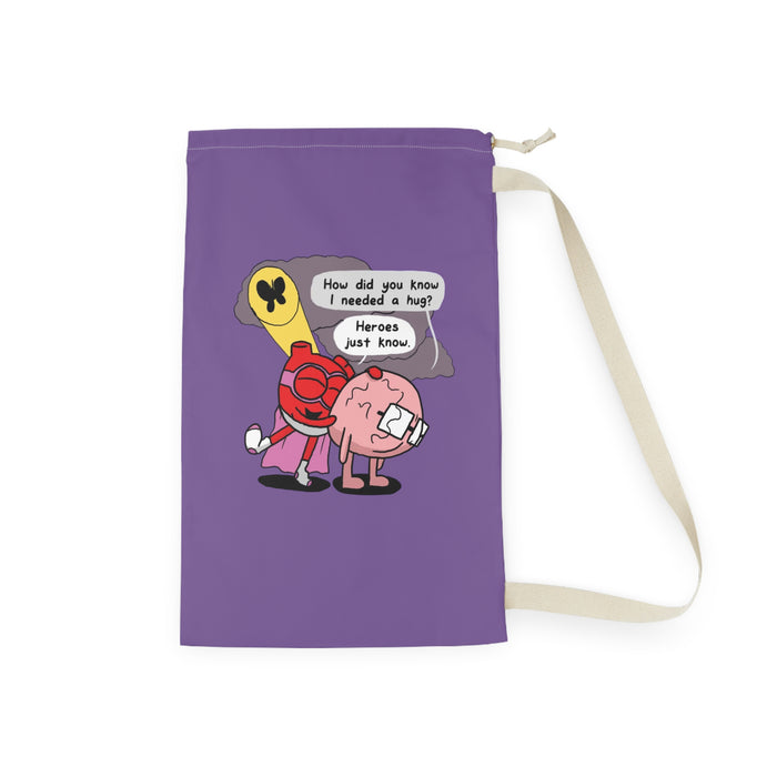Laundry Bag — Cute Hero Hug Cartoon Laundry Sack ("How did you know I needed a hug? Heroes just know.")
