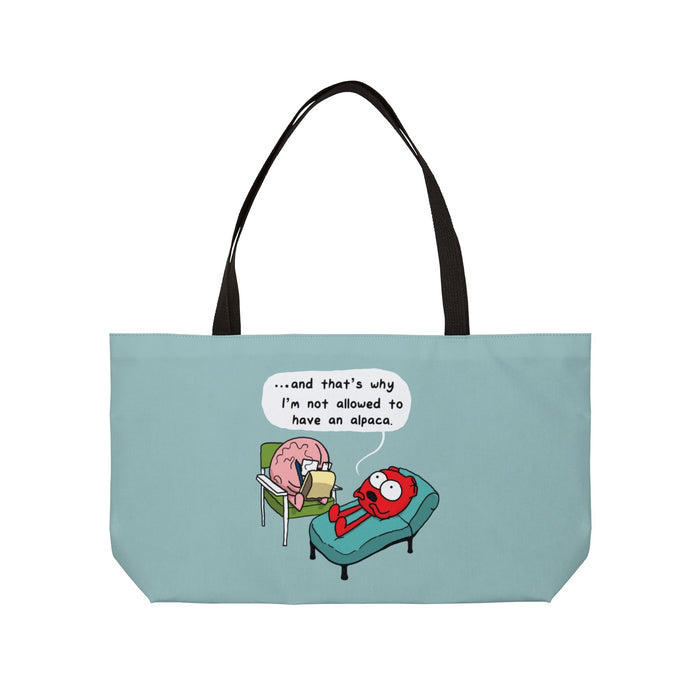 Weekender Tote Bag — Funny Therapy Cartoon ‘I’m Not Allowed to Have an Alpaca’ Travel Tote