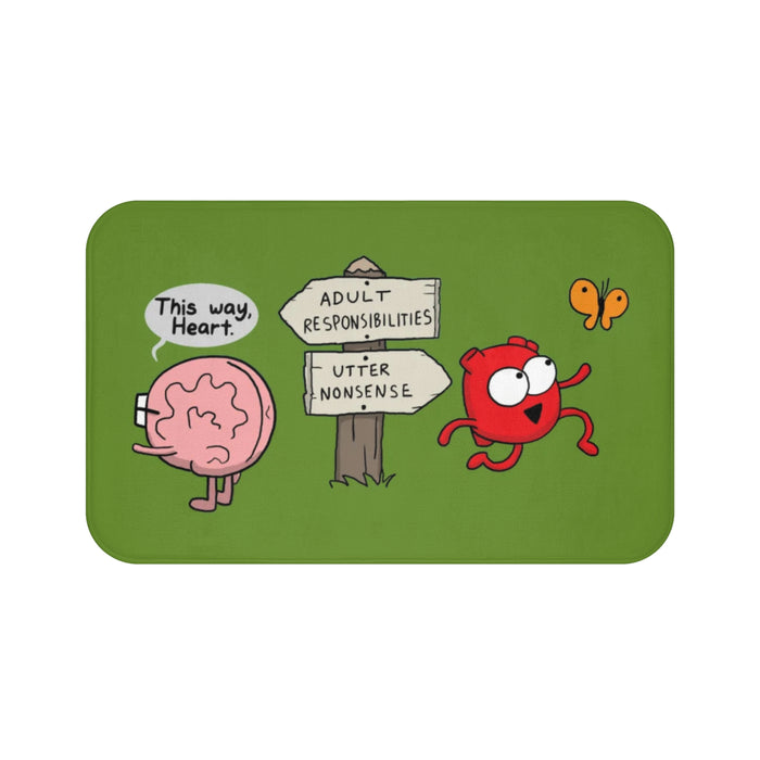 Funny Brain vs Heart Bath Mat — "This way, heart" Cute Cartoon Bathroom Rug