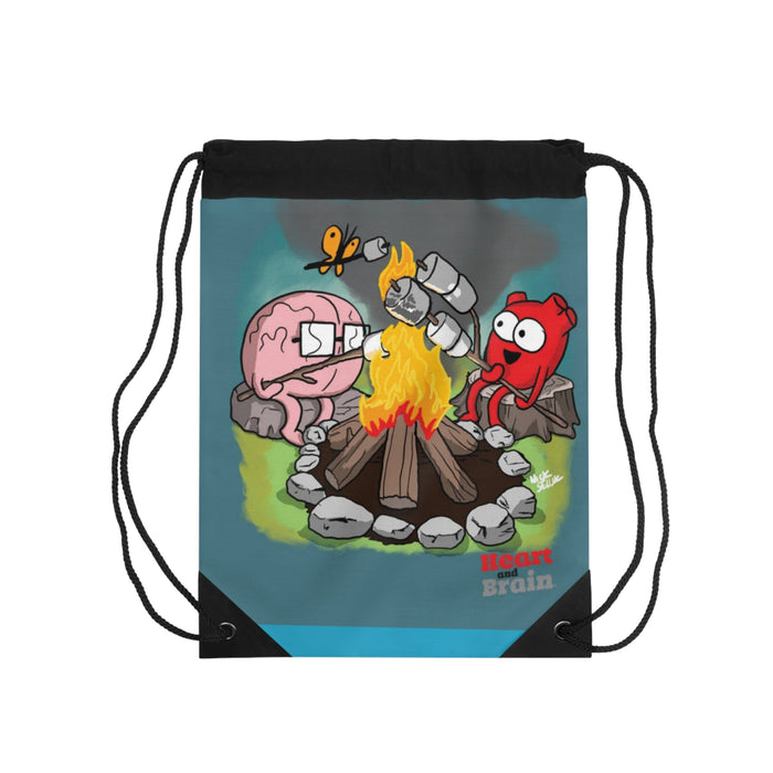 Campfire Cartoon Drawstring Bag — Camping Crew Graphic Sack with Roast Friends Design