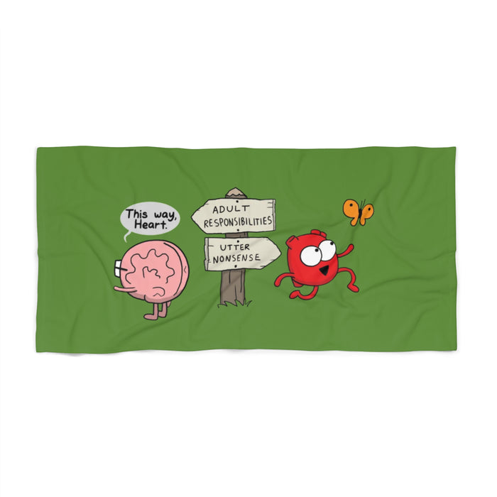Beach Towel — Cute Brain vs Heart Cartoon "This way, Heart" Humorous Summer Towel